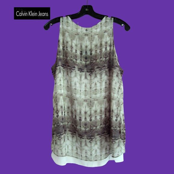 Calvin Klein Jeans NEW Bohemian Abstract Khaki Chiffon Scoop Lined Tank Top M - Picture 7 of 10